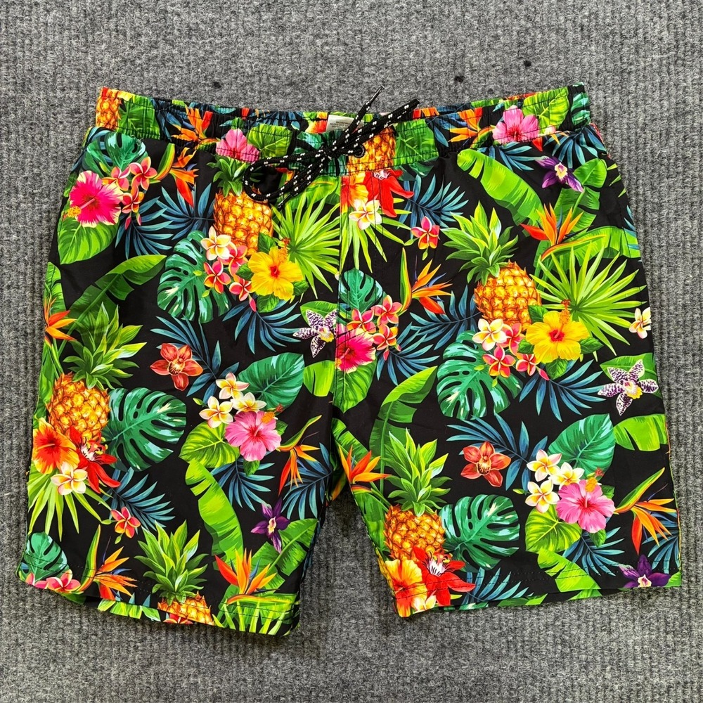 Distortion Mens Swim Trunks Size L Black Tropical Floral Drawstring Lined Short